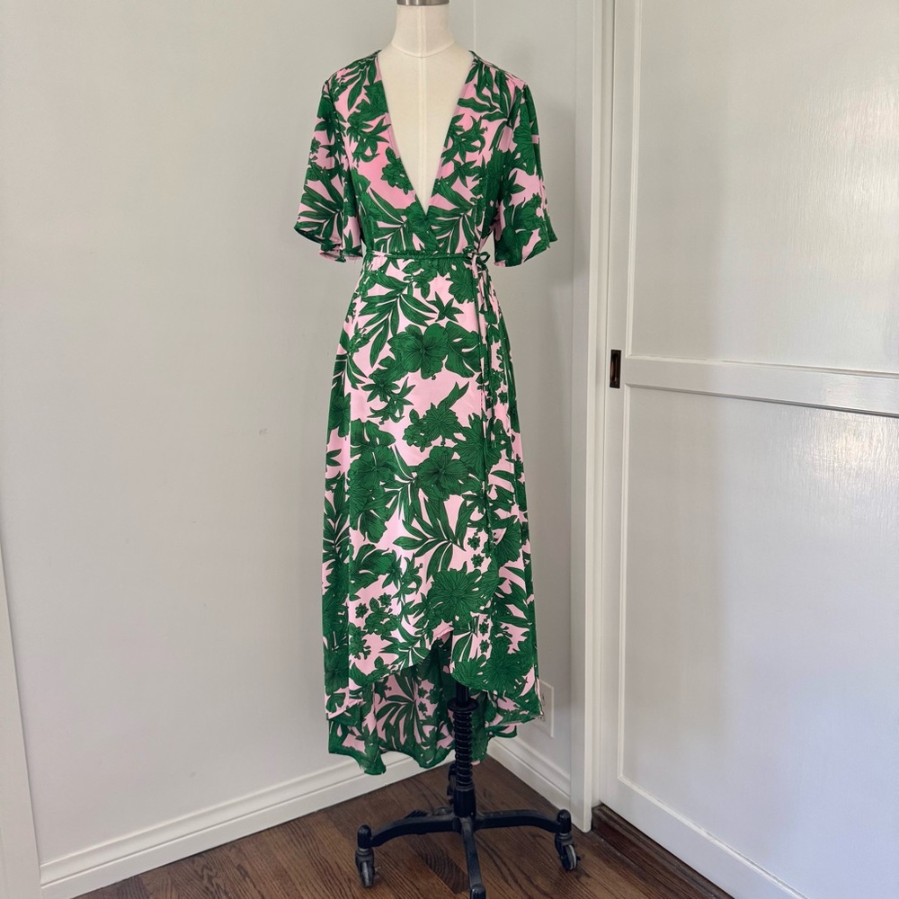 Floral Green and Pink Wrap Dress